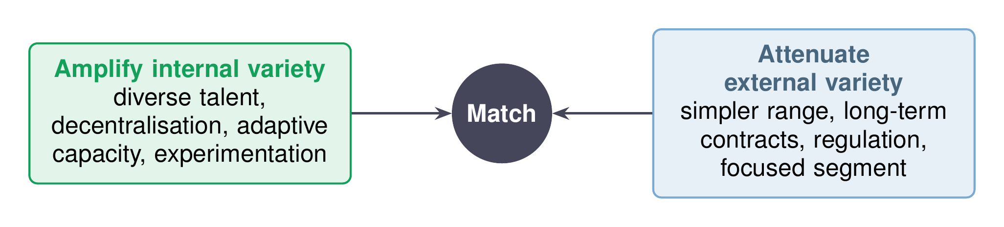 Two boxes pointing to a central Match node: amplify internal variety (diverse talent, decentralisation, adaptive capacity, experimentation) on the left, and attenuate external variety (simpler range, long-term contracts, regulation, focused segment) on the right